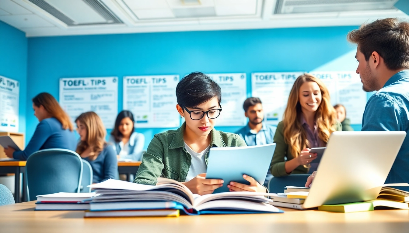 Engaged TOEFL test takers for hire studying in a collaborative learning space.