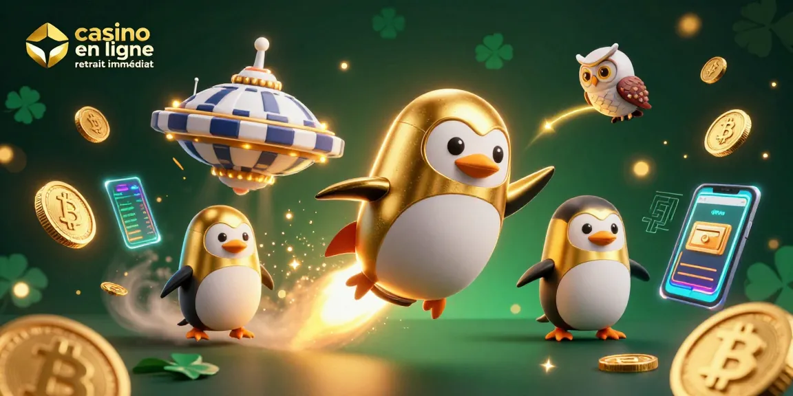 Plongez dans le casino en ligne retrait immédiat avec un pingouin doré propulsé par une fusée, entouré de pièces Bitcoin et Ethereum.