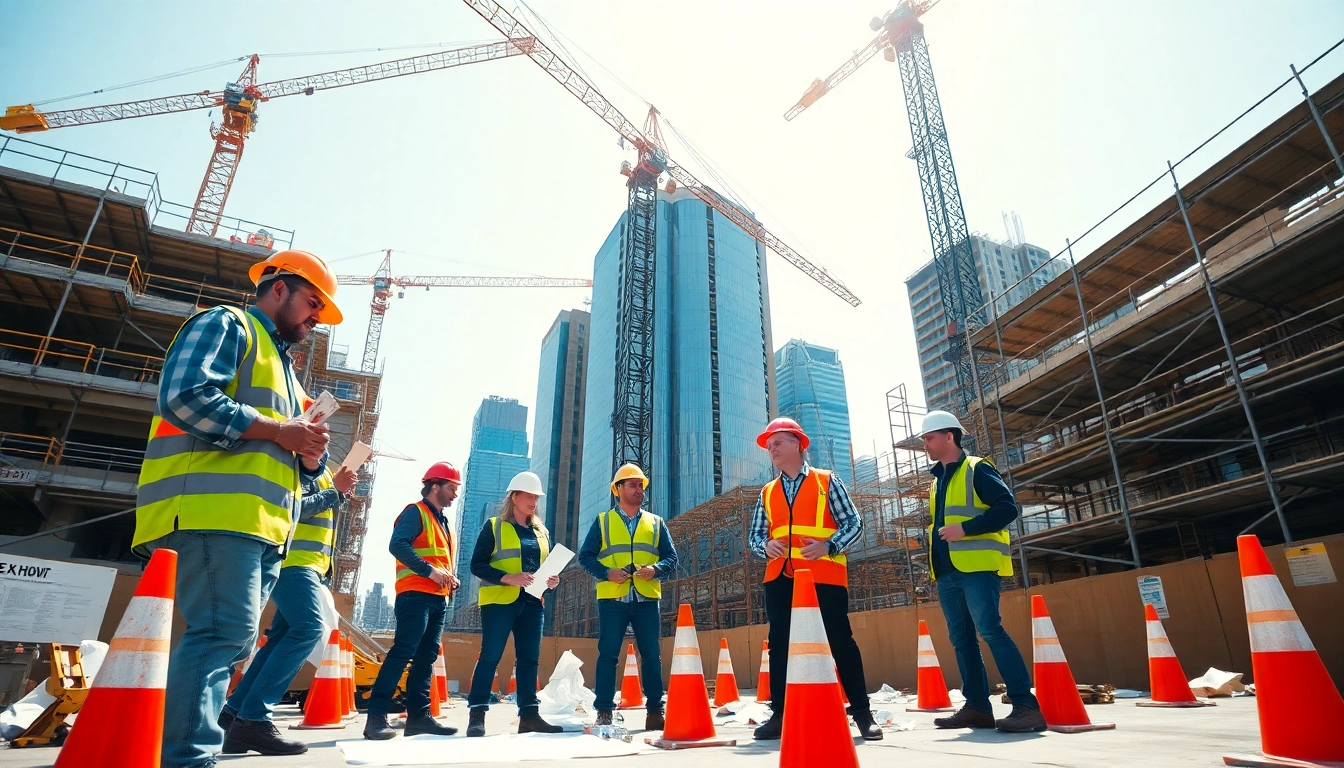 New York City Commercial General Contractor collaborating with skilled workers at a bustling construction site.
