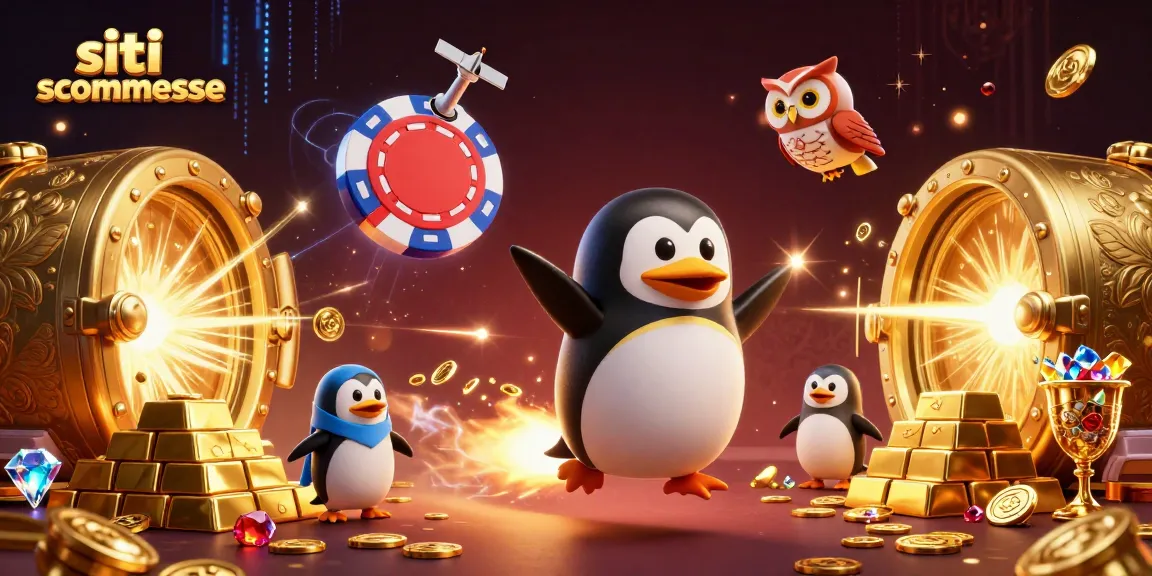 Scopri i migliori siti scommesse mentre un pinguino dorato attraversa lo spazio, circondato da tesori.