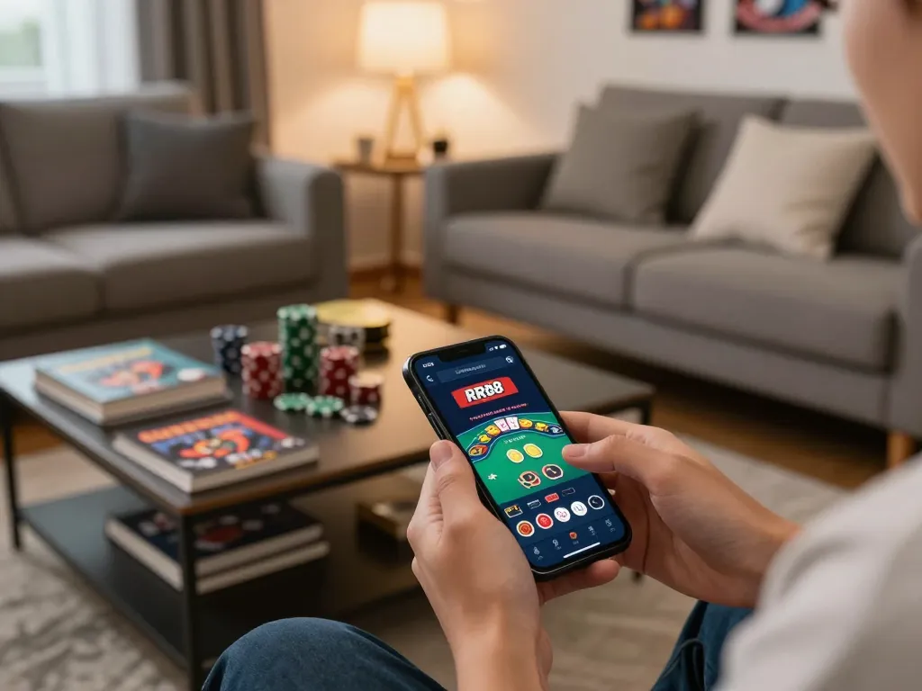 Engaging with the RR88 App on a smartphone for a dynamic home gambling experience.