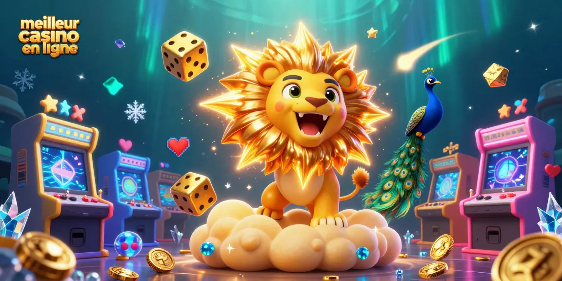 Profitez des jeux au meilleur casino en ligne avec cette illustration captivante mettant en scène le lion du soleil et des dés d'or.