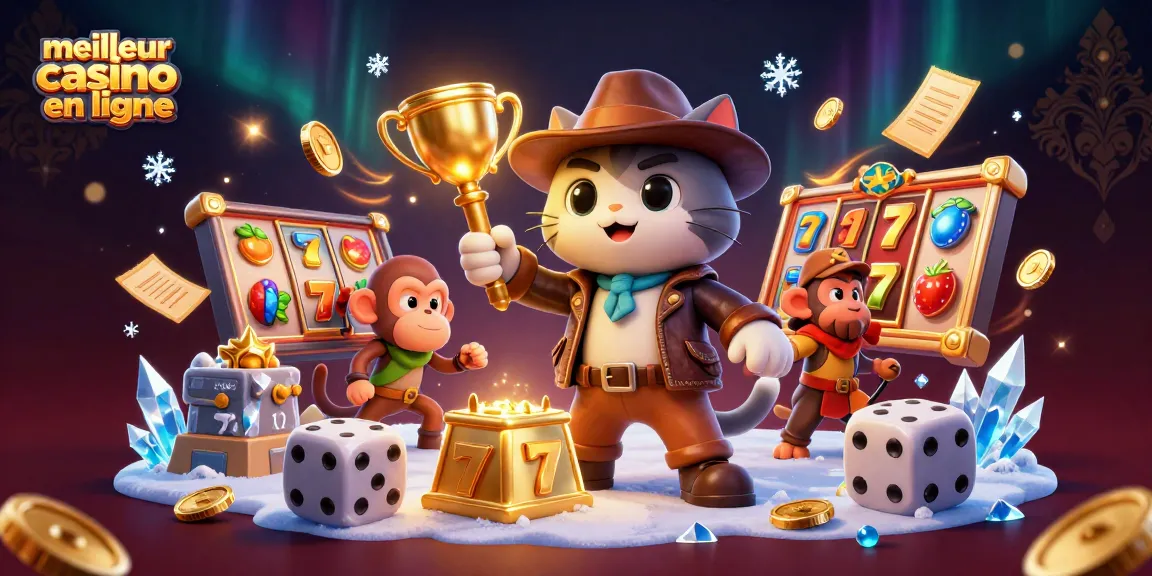 Illustration d'un explorateur à la recherche du meilleur casino en ligne, entouré d'éléments de jeux et de pièces d'or.