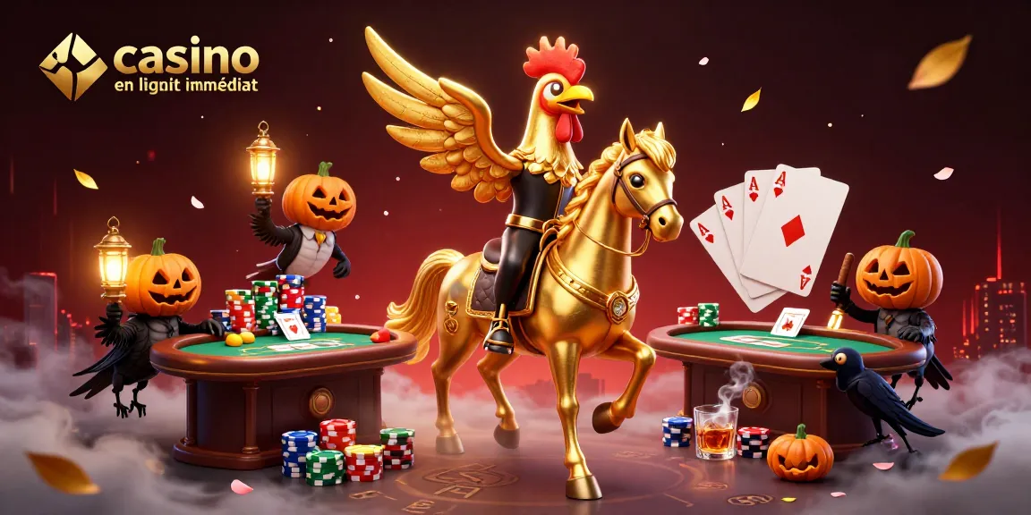 Visuel captivant de casino en ligne retrait immédiat avec un coq doré et des éléments de poker