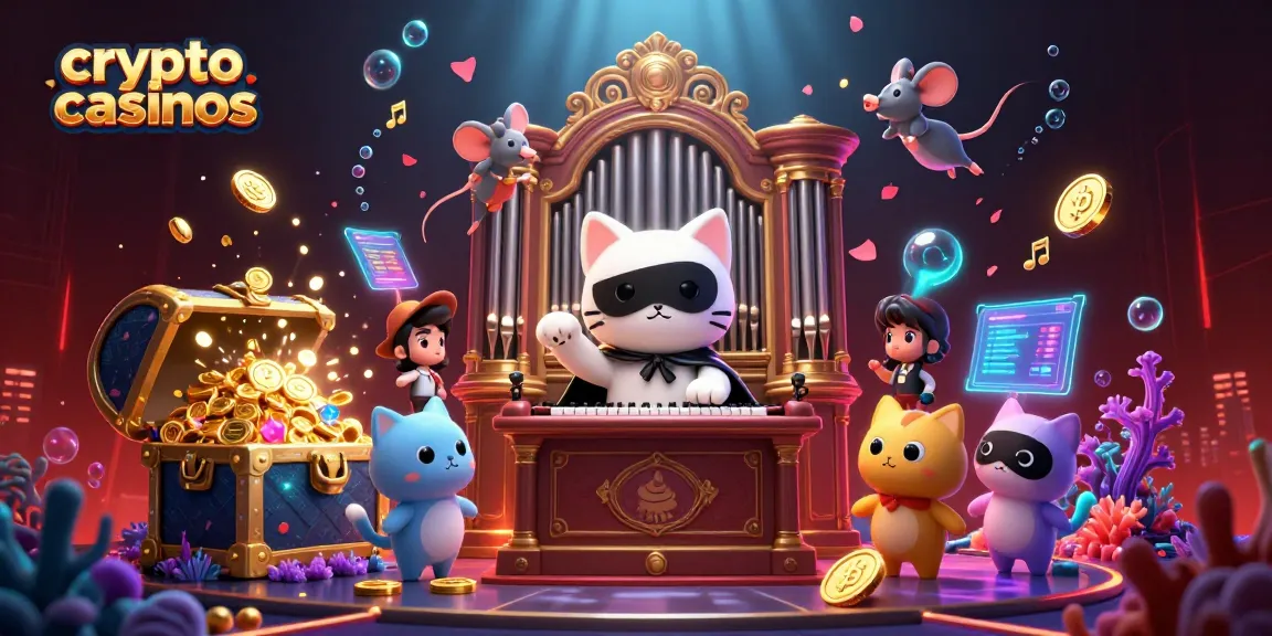 Illustration de crypto casinos avec un chat fantôme jouant de l'orgue entouré de pièces d'or et de gemmes.