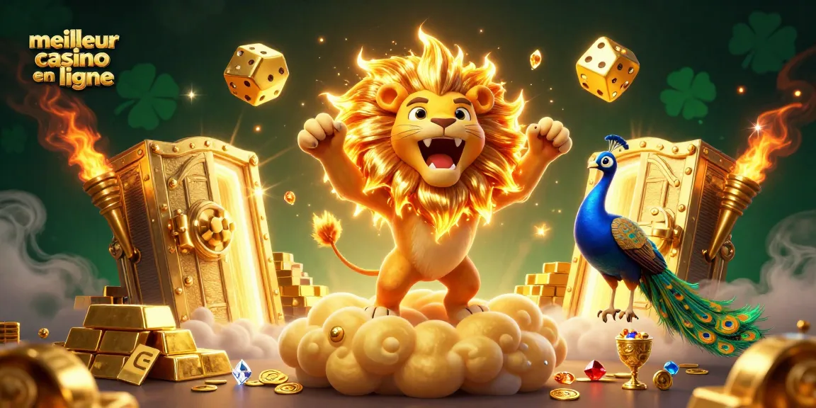 Illustration du meilleur casino en ligne avec un lion, des dés dorés et des trésors scintillants.
