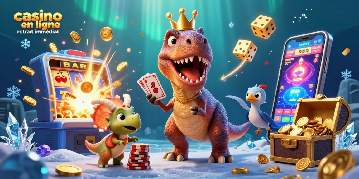 Jeu dynamique au casino en ligne retrait immédiat avec un T-Rex et des éléments de jackpot.