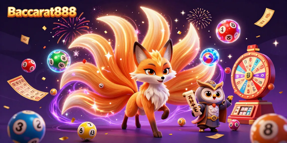 Baccarat888 features a vibrant scene with a glowing nine-tailed fox and whimsical elements capturing the excitement of gaming.