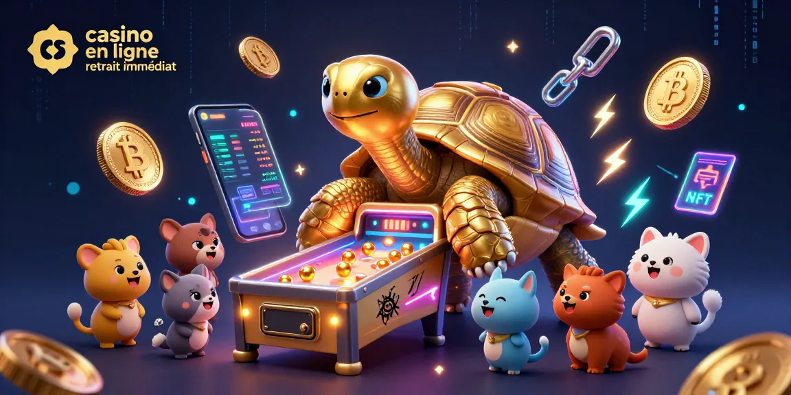Jouez au casino en ligne retrait immédiat avec une tortue dorée et des pièces de crypto animées.