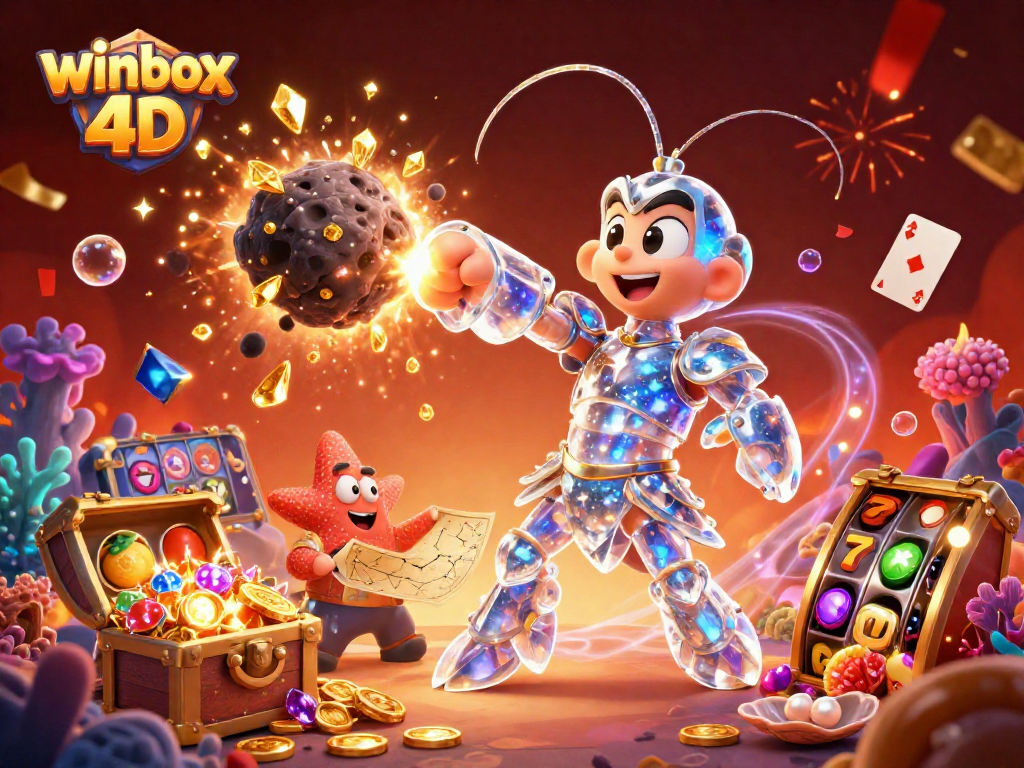 Engage with winbox 4d's vibrant slot game scene featuring a galactic mantis shrimp and rich treasure.