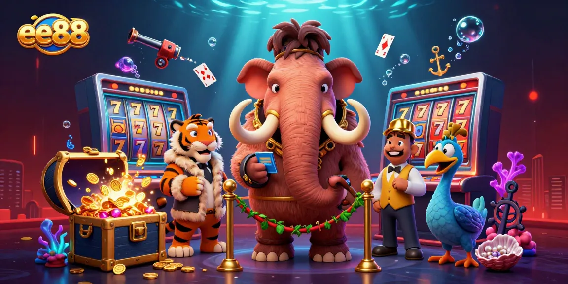 ee88 casino illustration featuring a woolly mammoth bouncer and saber-tooth tiger VIP guest, surrounded by dynamic slot symbols.