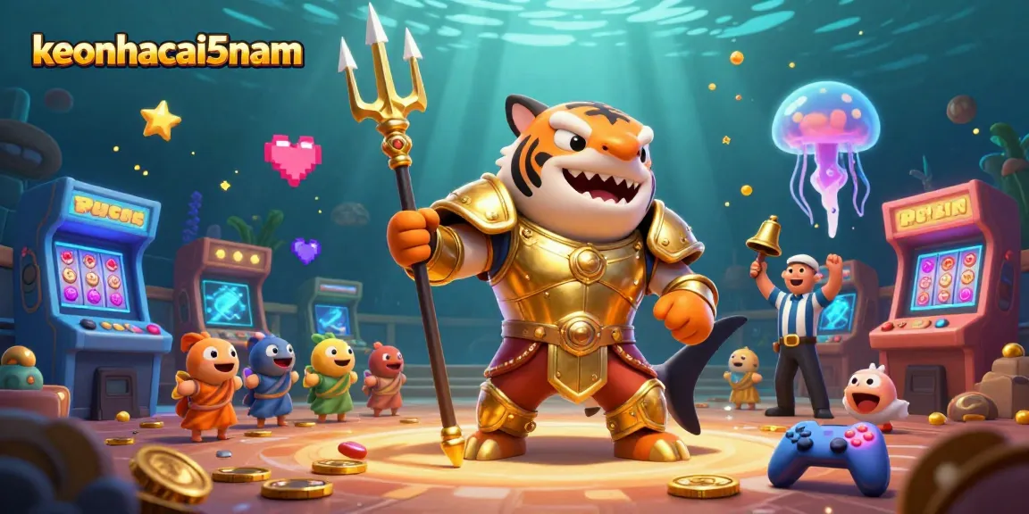 Engage with exciting games at keonhacai5nam, showcasing thrilling slot reels in an underwater colosseum.
