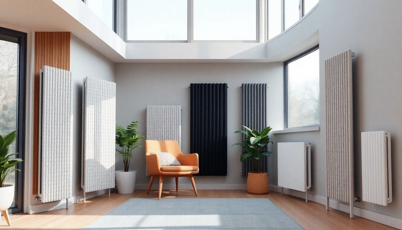 Heizkörper kaufen: Diverse stylische Radiatoren in einem modernen Wohnzimmer präsentieren.