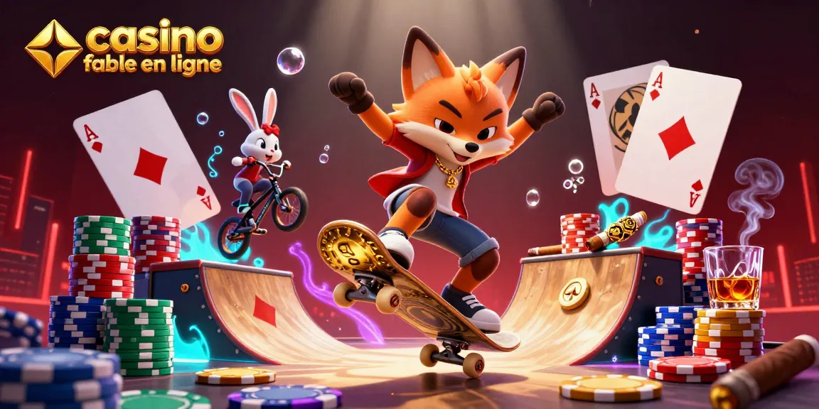 Une illustration dynamique de casino fiable en ligne avec un renard skateboardeur et un lapin BMX.