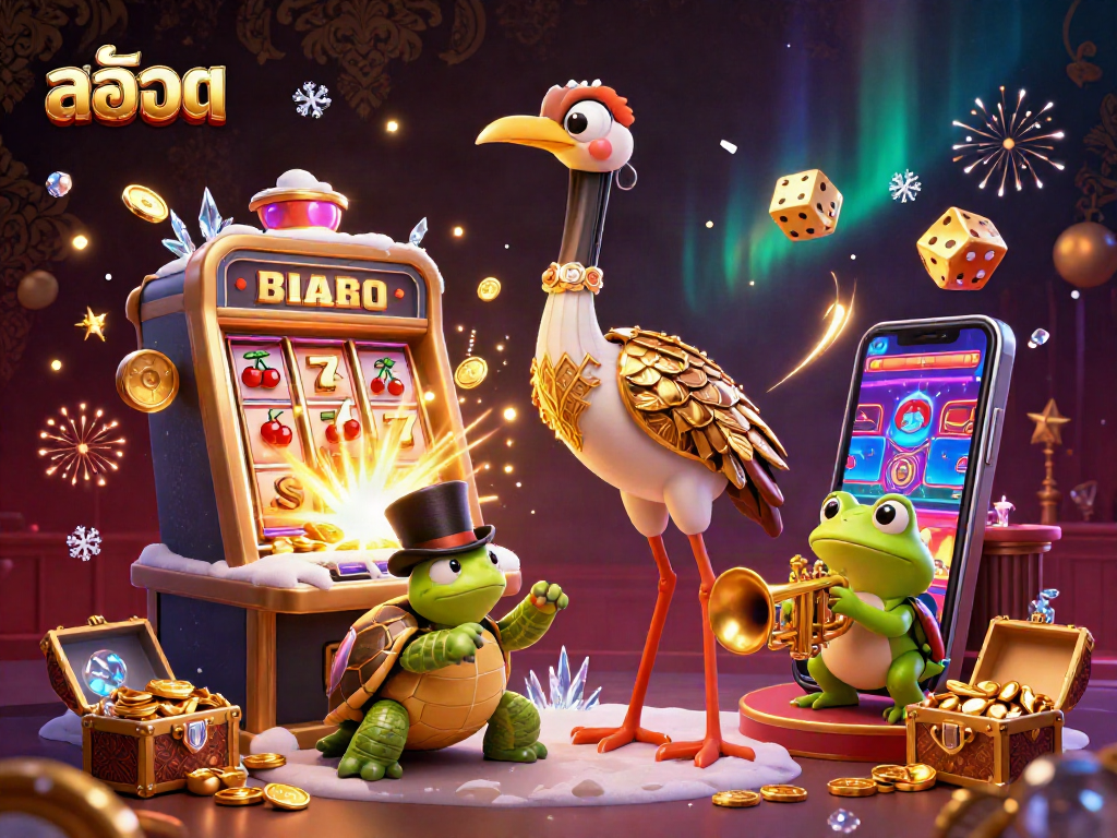 Unlock thrilling สล็อต gameplay in a lively 3D casino scene with vibrant slot machines and characters.