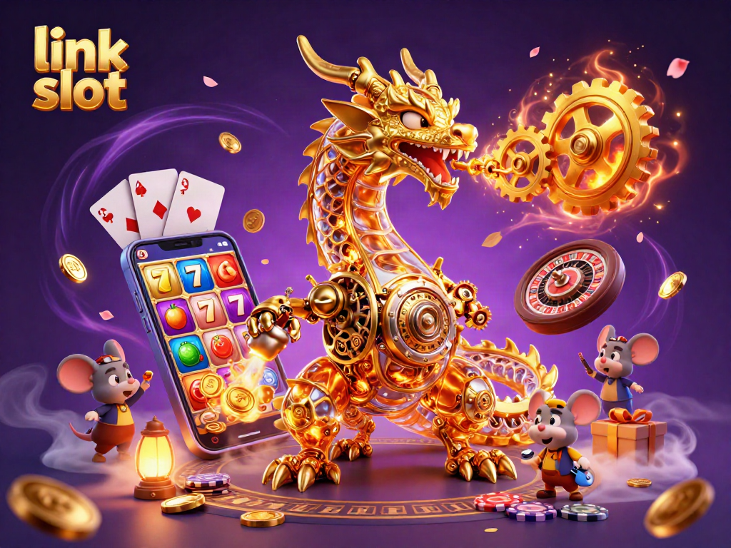Spin the reels on link slot with a biomechanical dragon and vibrant casino elements in a dynamic scene.