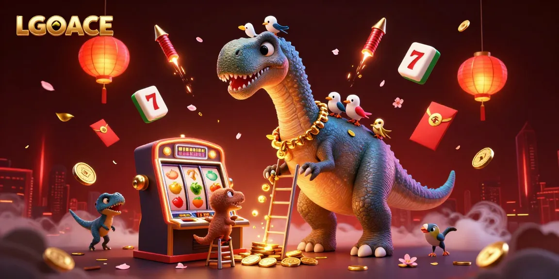 LGOACE casino scene featuring a towering brontosaurus with a clever raptor dealing jackpot coins, filled with 3D slot elements and vibrant decorations.