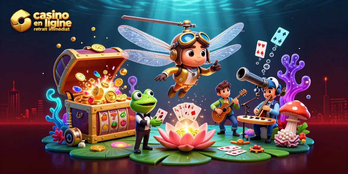 Jouez au casino en ligne retrait immédiat avec une illustration colorée d'un libellule pilote et un croupier grenouille.