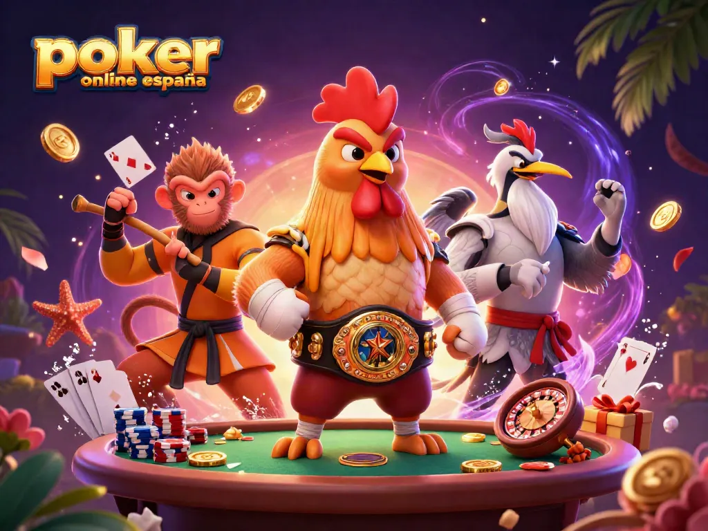 Juega al póker online España con cartas y fichas en un ambiente dinámico y vibrante.
