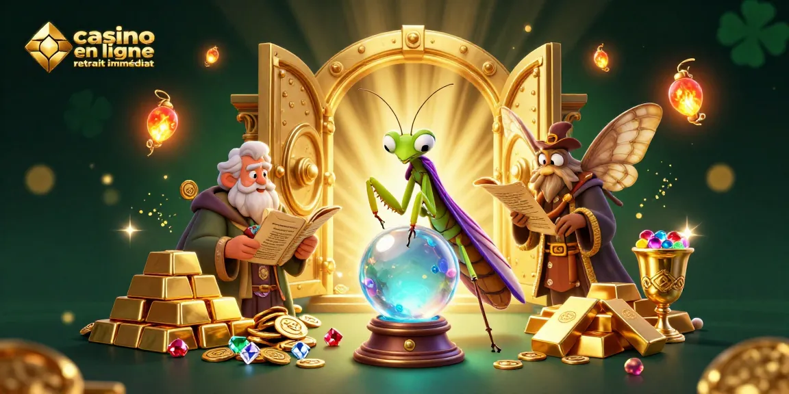 Illustration dynamique de casino en ligne retrait immédiat avec des personnages animés mystiques entourés de trésors.