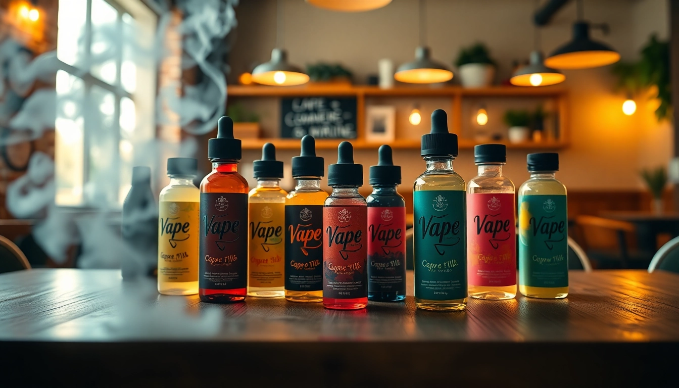 Showcasing various Vape Juice bottles elegantly arranged against a café backdrop.