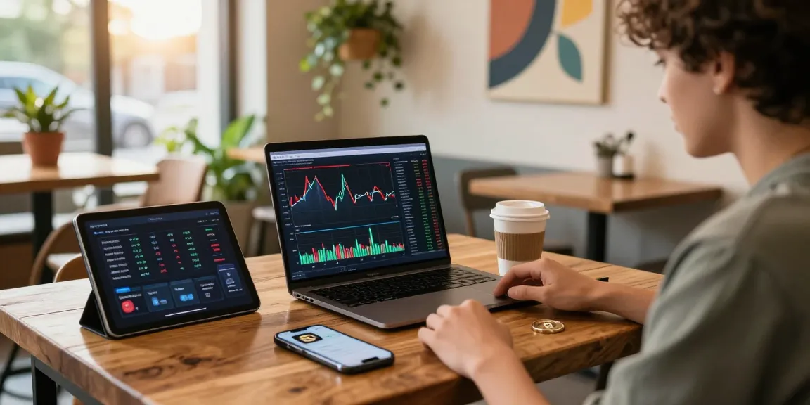 Secure cloud mining platform workspace in a coffee shop with crypto analysis tools and digital wallets.