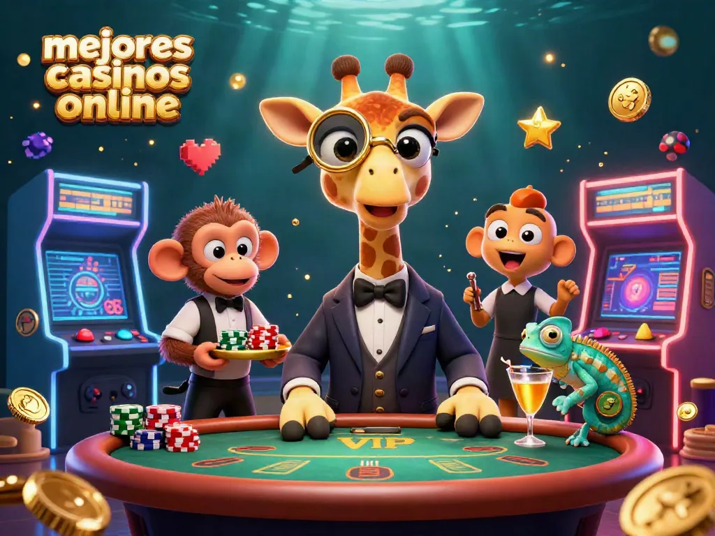Ilustración de mejores casinos online con personajes de casino y elementos de juego.