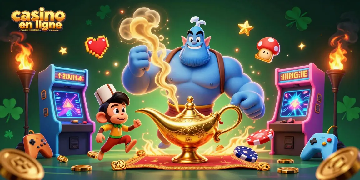 Visuel d'un génie sortant de la lampe avec un singe en costume, et le texte "casino en ligne retrait immédiat", entouré d'éléments de casino.