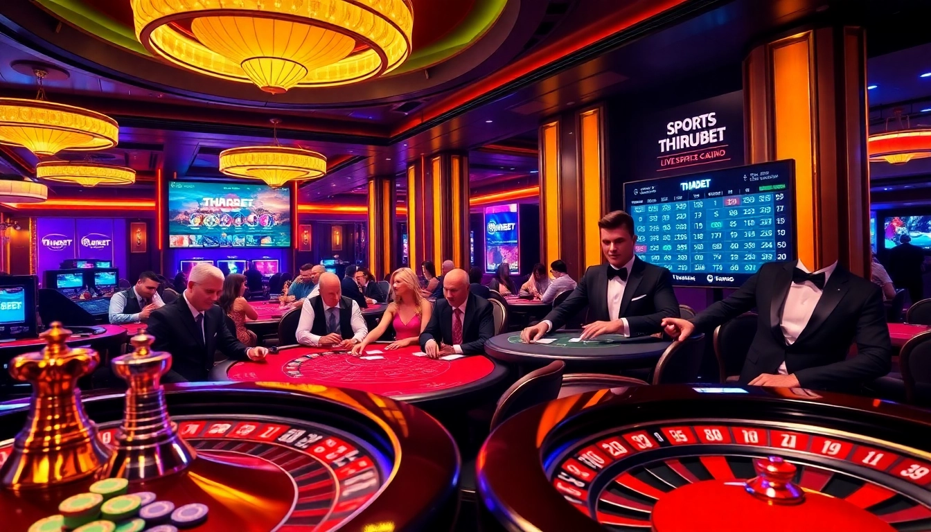 Experience the excitement of gambling at THABET with professional poker games and vibrant casino visuals.