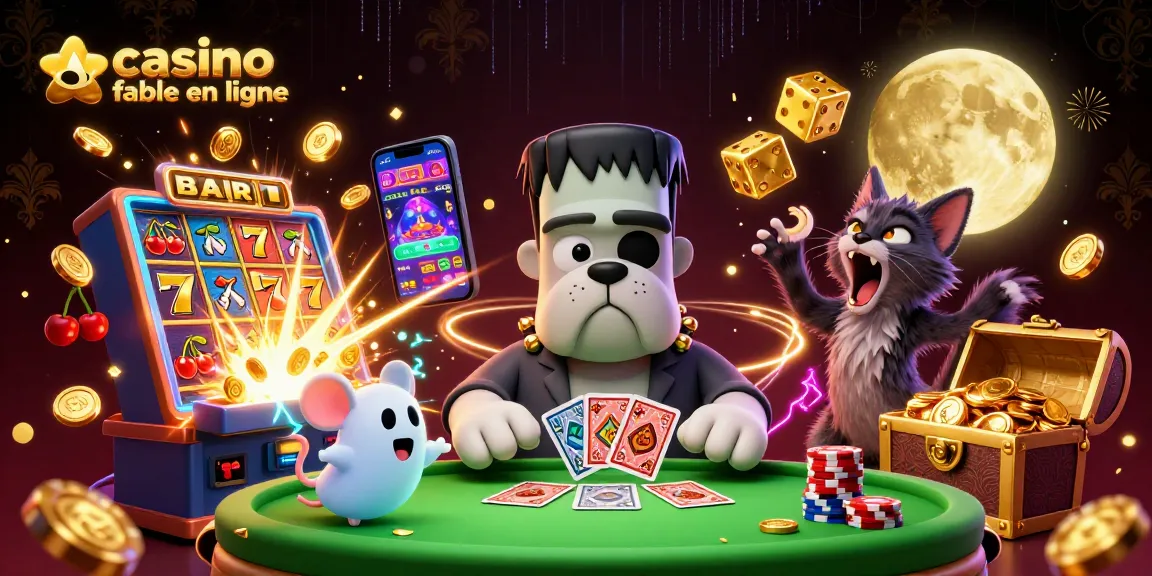 Jouez sur un casino fiable en ligne avec une scène animée de jeux de cartes et machines à sous.