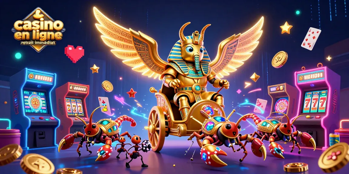 Illustration captivante du casino en ligne retrait immédiat mettant en scène un scarabée d'or et des éléments de casino dynamiques.