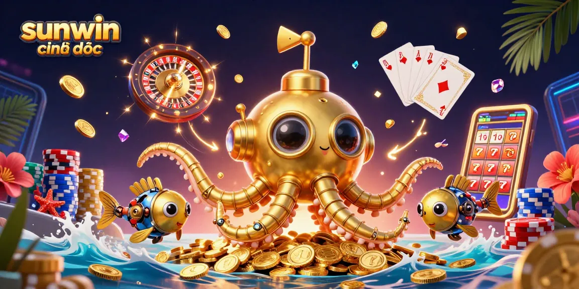 Engage in thrilling gaming at sunwin chính thức with a lively 3D illustration of golden kraken and casino elements.