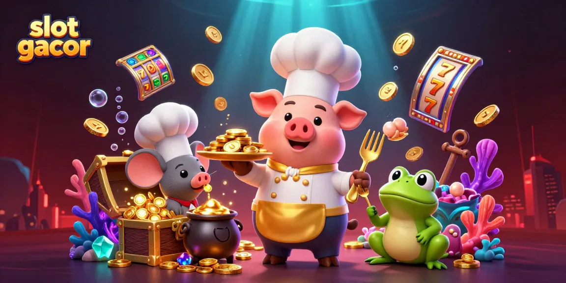 Spin to win with slot gacor, featuring chef pig, mouse, and frog in dynamic casino scene.