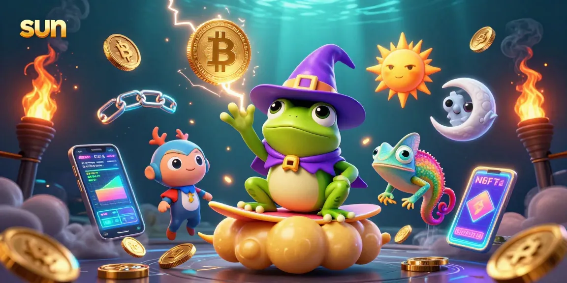 Engage with the sun-themed casino adventure featuring a wizard frog and chameleon among gold coins.