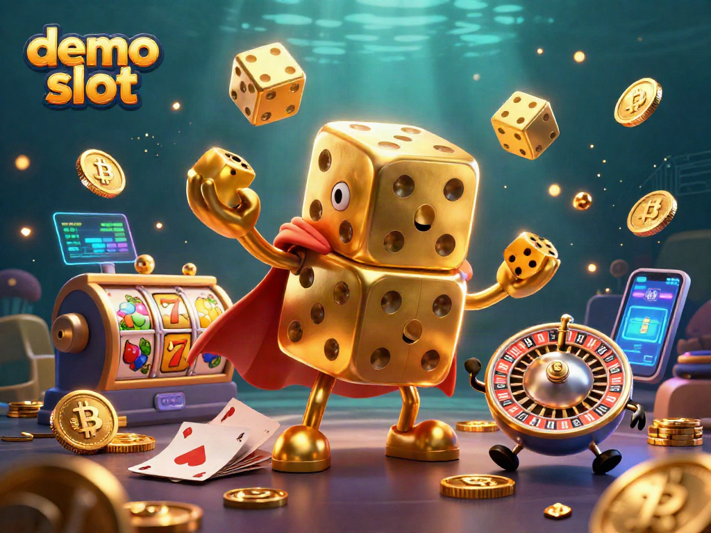 Engage with the demo slot experience featuring a dynamic casino scene with golden dice, crypto coins, and lively slot symbols.