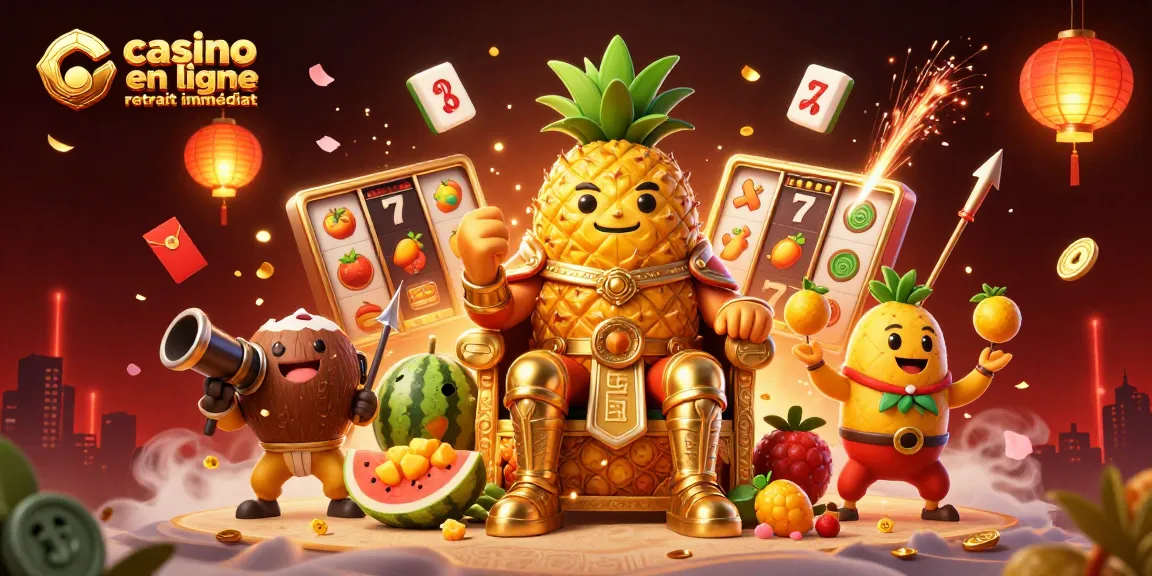 Jouer dans un casino en ligne retrait immédiat avec le roi ananas et ses gardes, une scène enchanteresse.