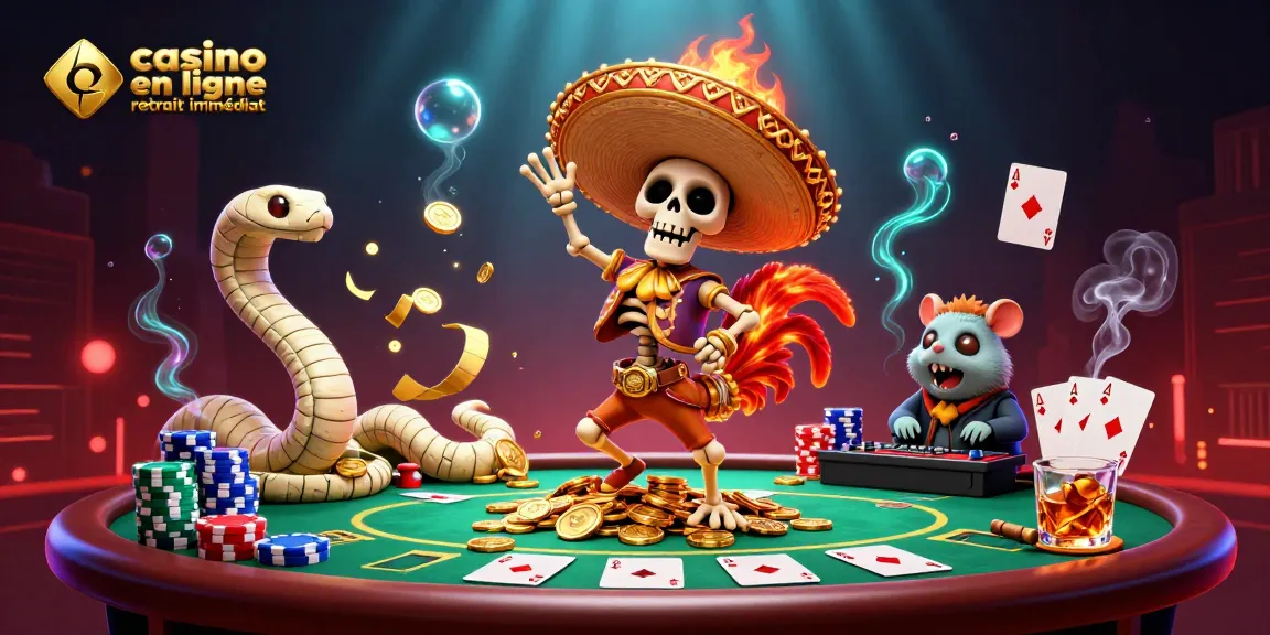 Le casino en ligne retrait immédiat avec un défi énergique de personnages colorés dans une illustration dynamique.