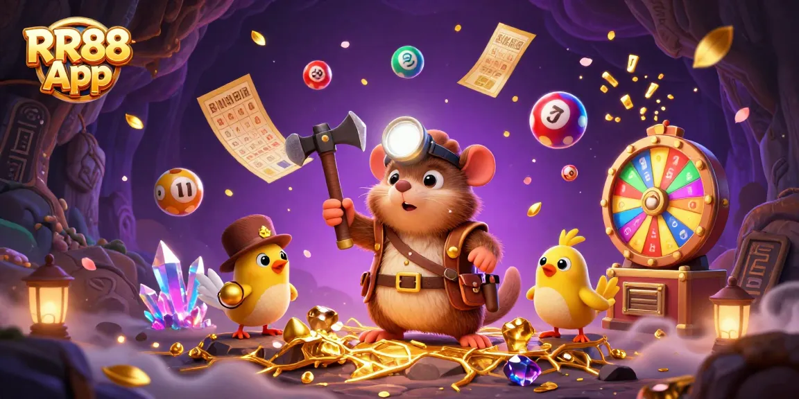 Experience the thrill of casino gaming with the RR88 App as a cartoon treasure hunter unearths fortunes.