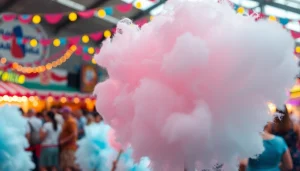 Geniet van een kleurrijk wafel katoen in een levendige kermisatmosfeer.