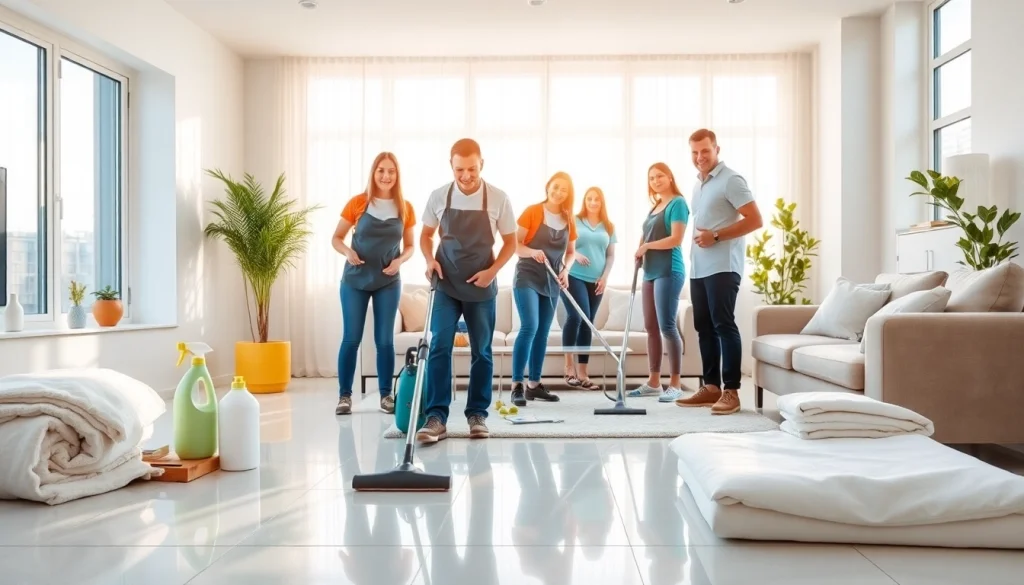 Cleaning Service team diligently organizing and cleaning a modern living room efficiently.