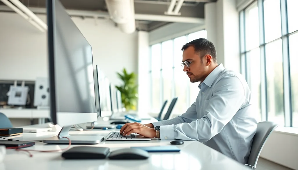 Find reliable computer help near me with expert technician in a modern office setting.