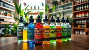 Flasche mit Liquid auf einem Tisch in einem gemütlichen Vape-Shop.