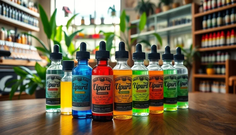 Flasche mit Liquid auf einem Tisch in einem gemütlichen Vape-Shop.