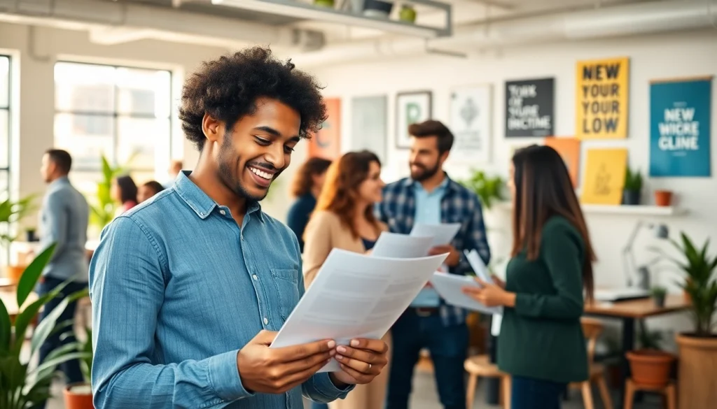 Illustration of diverse candidates actively discussing new hire jobs in a modern office space.