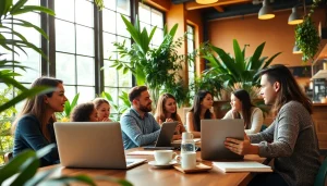Engaging workspace featuring koralive digital collaborations in a vibrant coffee shop.