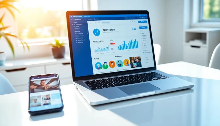 Showcasing an Instagram smm panel on a stylish laptop in a modern workspace with bright lighting.