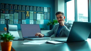 Menilai bandar togel dengan grafik analisis dan ekspresi serius di kantor modern.