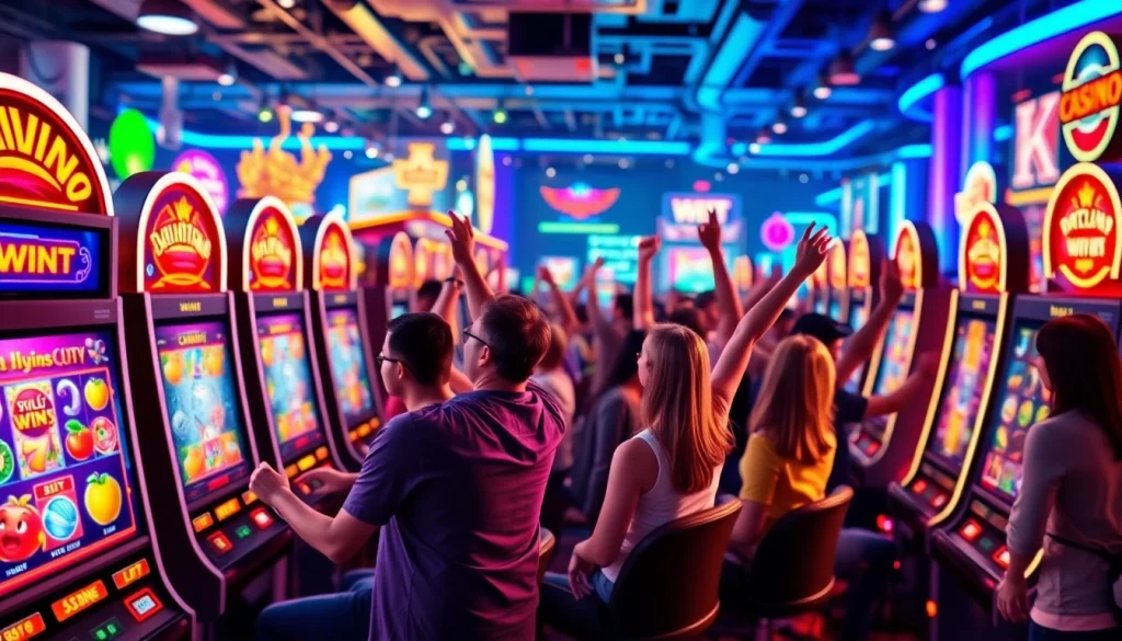 Permainan slot gacor hari ini yang menampilkan kerumunan pemain yang merayakan kemenangan mereka.