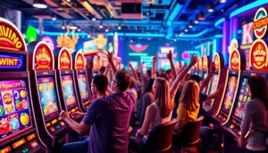 Permainan slot gacor hari ini yang menampilkan kerumunan pemain yang merayakan kemenangan mereka.