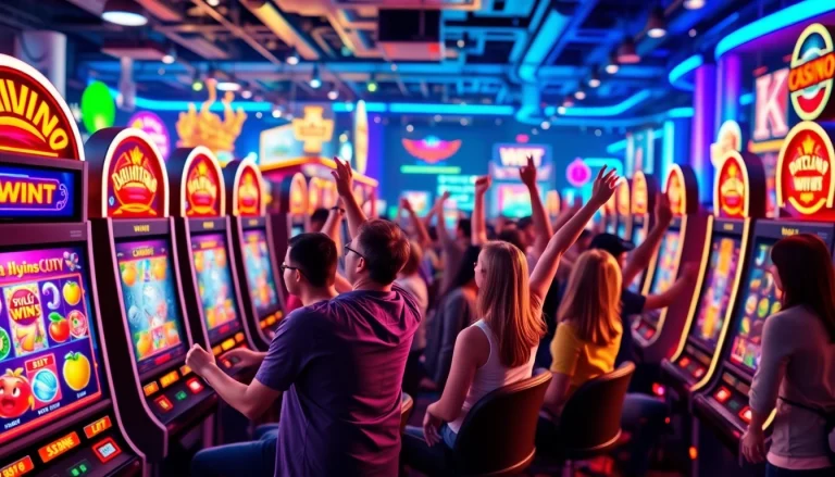 Permainan slot gacor hari ini yang menampilkan kerumunan pemain yang merayakan kemenangan mereka.